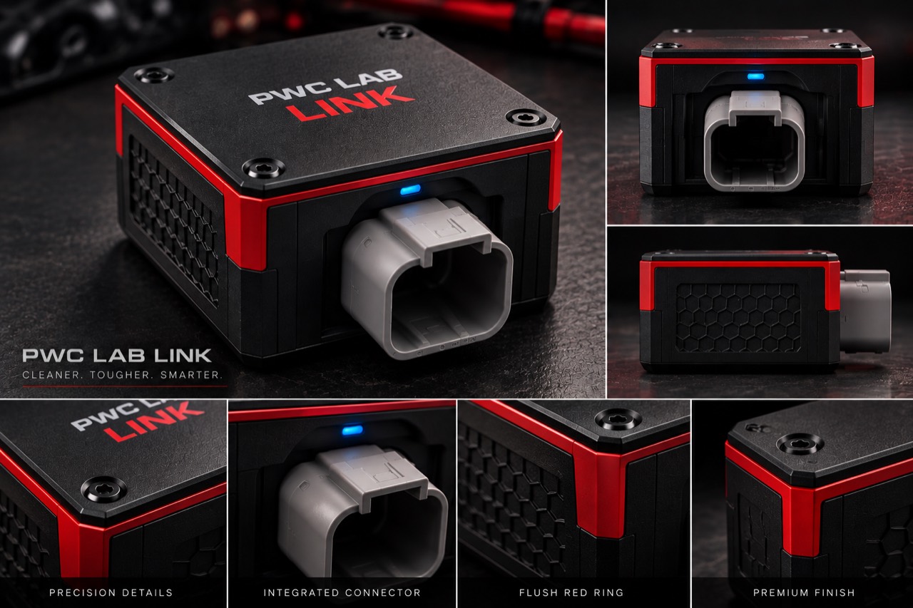 PWC LAB Link design rendering with a black enclosure, red band and gray connector
